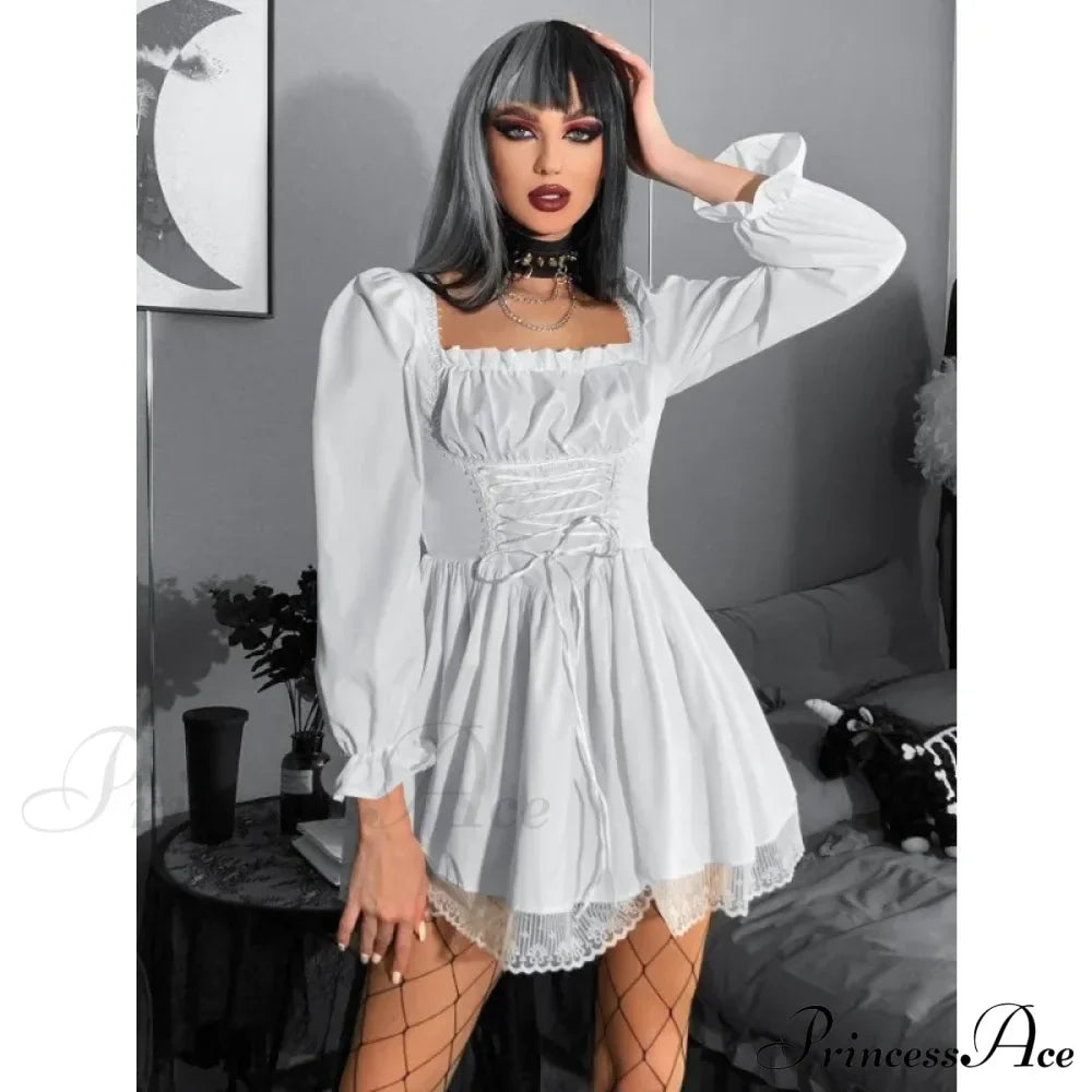 Long Sleeve Lolita Black Puff Sleeve High Waist Vintage Bandage Lace Trim Party Dress