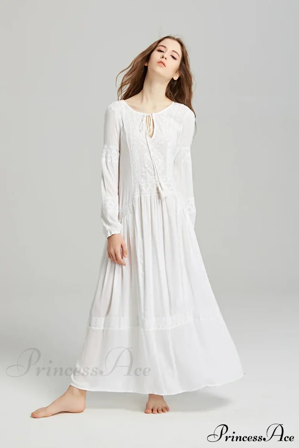 Long Sleeve Maxi Dress Red Floral Embroidery Tassel Boho Dress