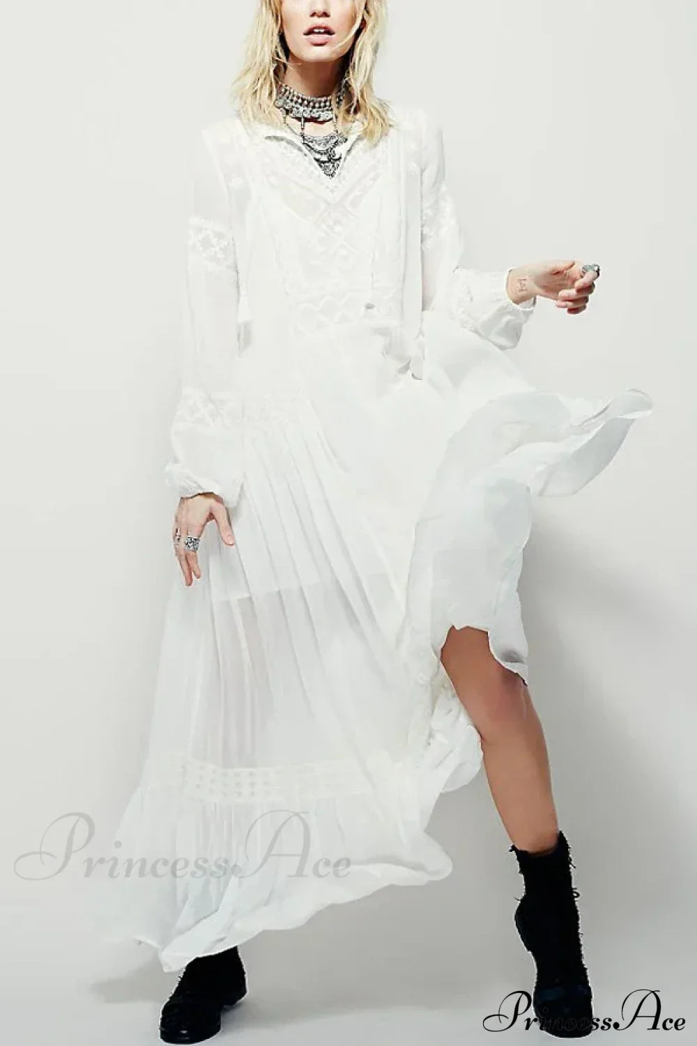 Long Sleeve Maxi Dress Red Floral Embroidery Tassel Boho Dress