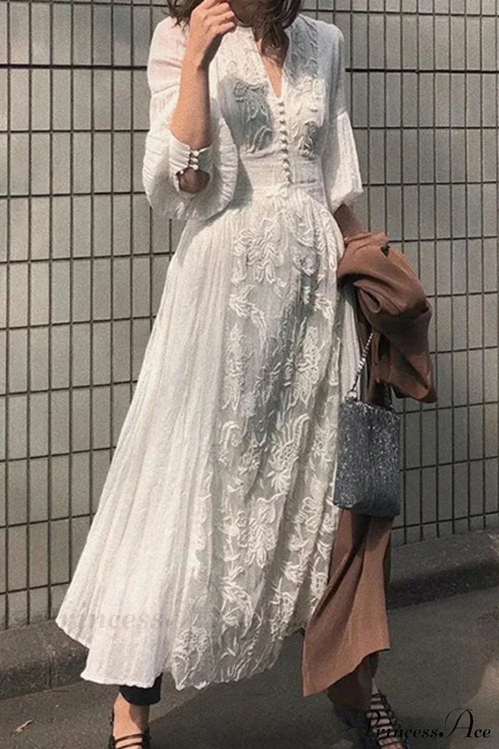 Long Sleeve Oversized Floral Ethnic Boho Dress White / S bohodress-250126