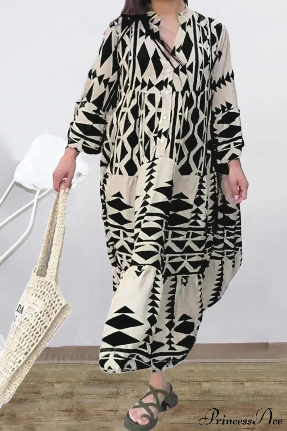 Long Sleeve Pleated Boho Dress Black / S bohodress-250126