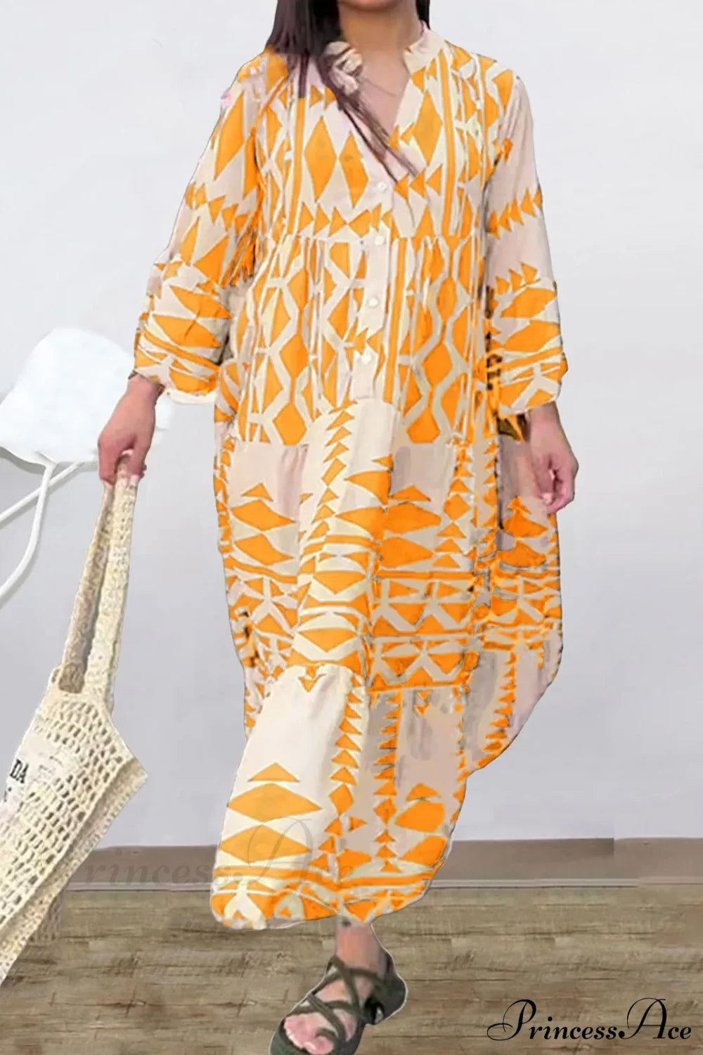 Long Sleeve Pleated Boho Dress Yellow / S bohodress-250126