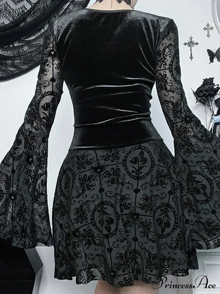 Long Sleeve Ruffle Mini Vintage V Neck Velvet Stretchy Bodycon Cocktail Victorian Dress