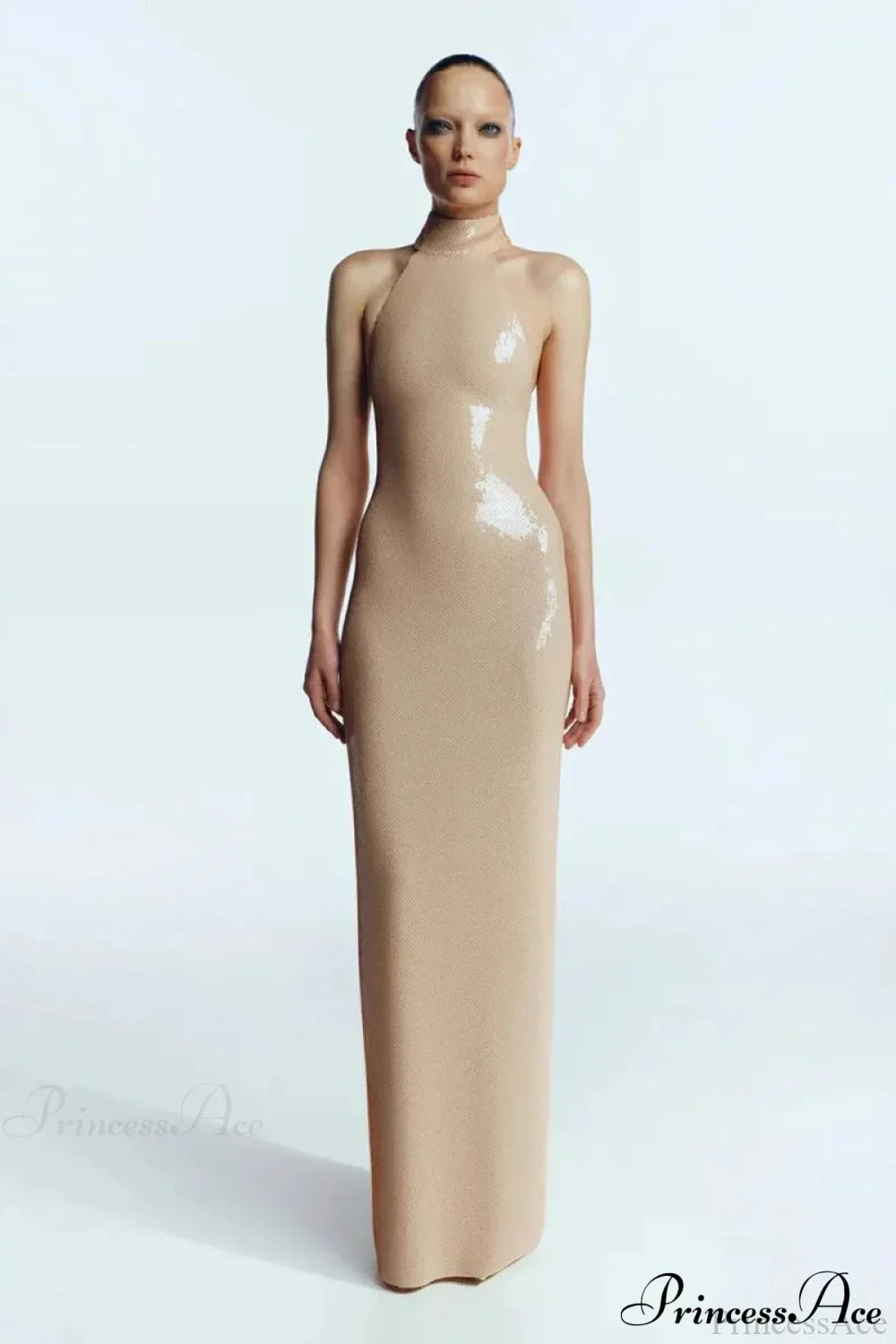 Long-Sleeve Sequin Slit Maxi Prom Dress Beige / XS promdress-250223