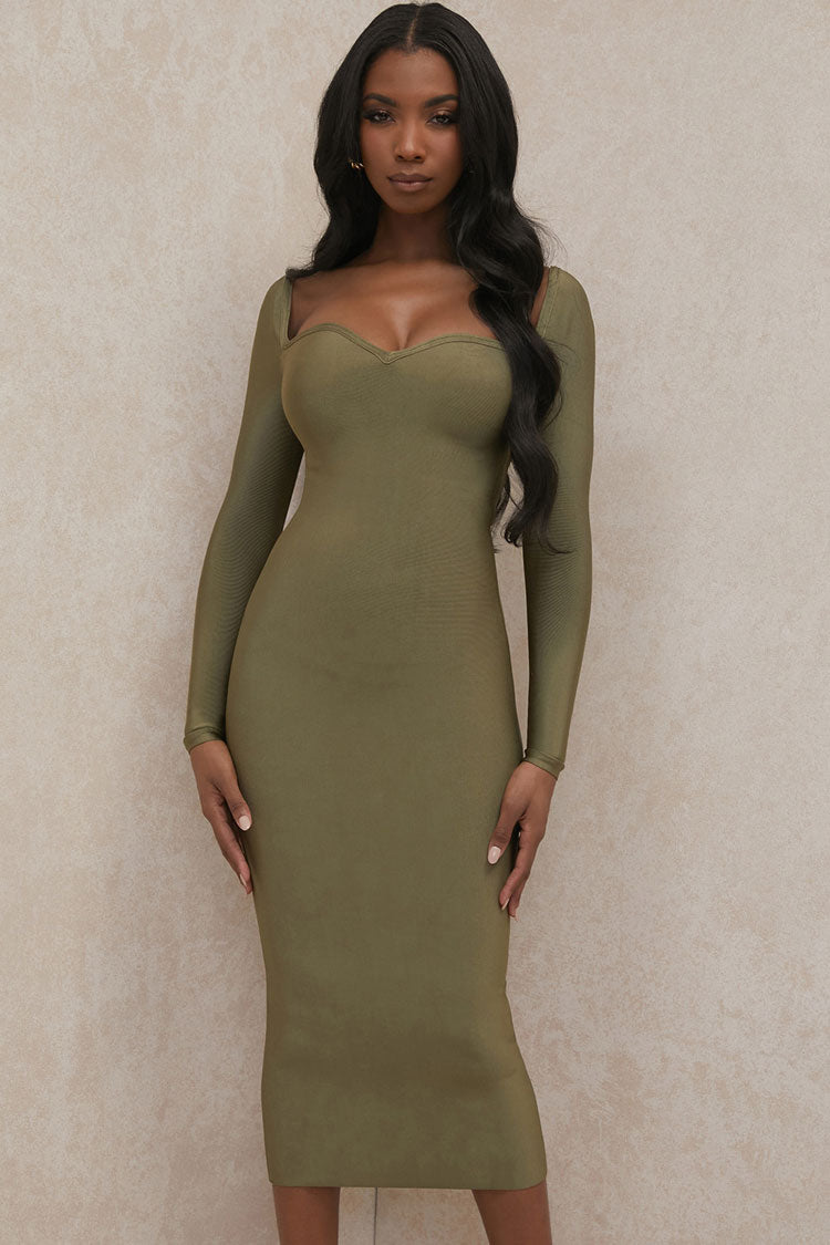 Ribbed Sweetheart Neck Long Sleeve Bodycon Midi Dress