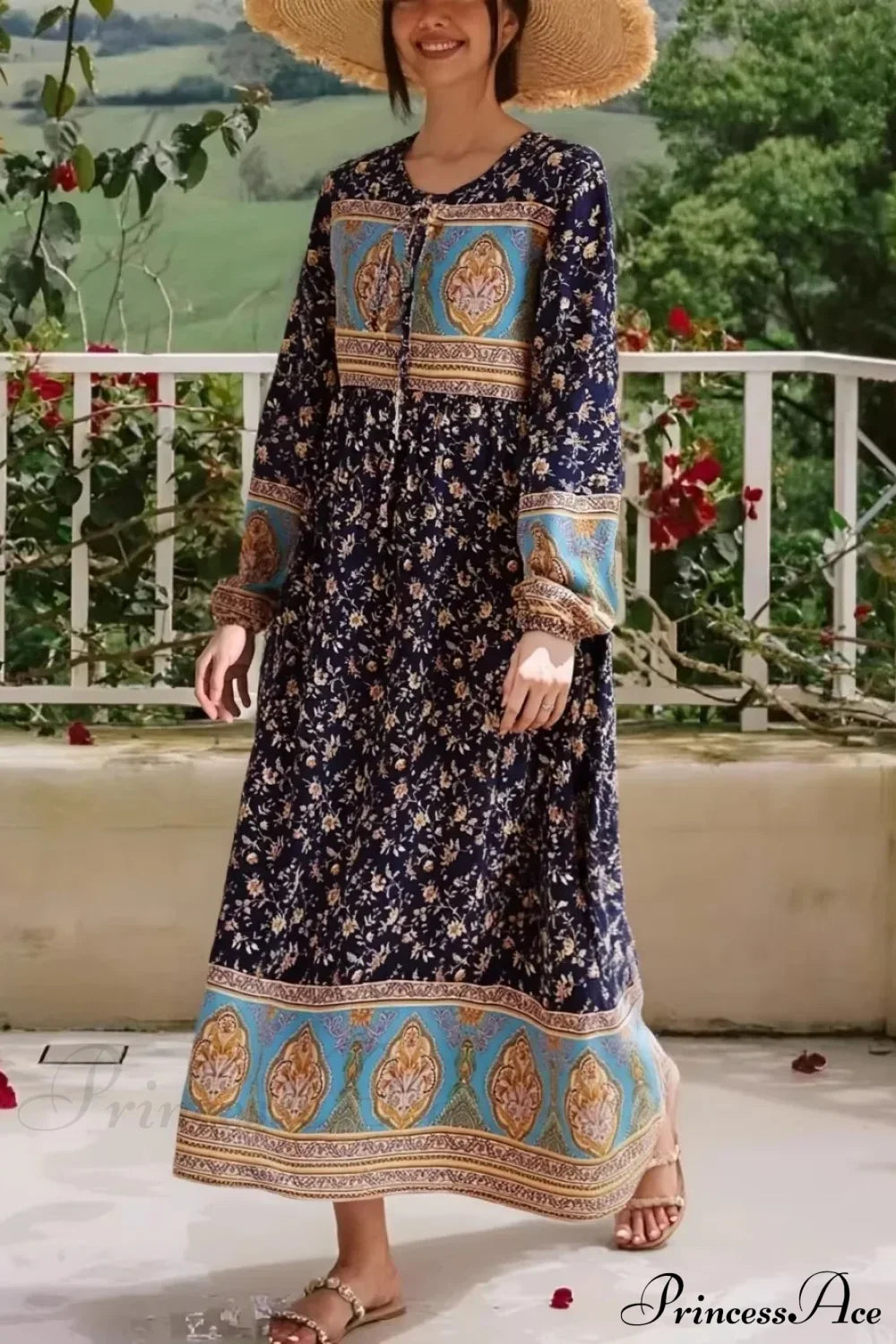 Long Sleeve Tie Neck Ethnic Floral Print Loose Kaftan Maxi Boho Dress Yellow / S bohodress-250126