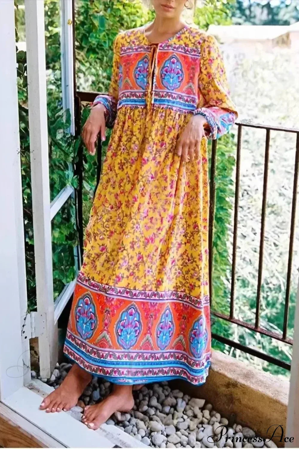 Long Sleeve Tie Neck Ethnic Yellow Floral Print Cotton Maxi Boho Dress Yellow / S bohodress-250126