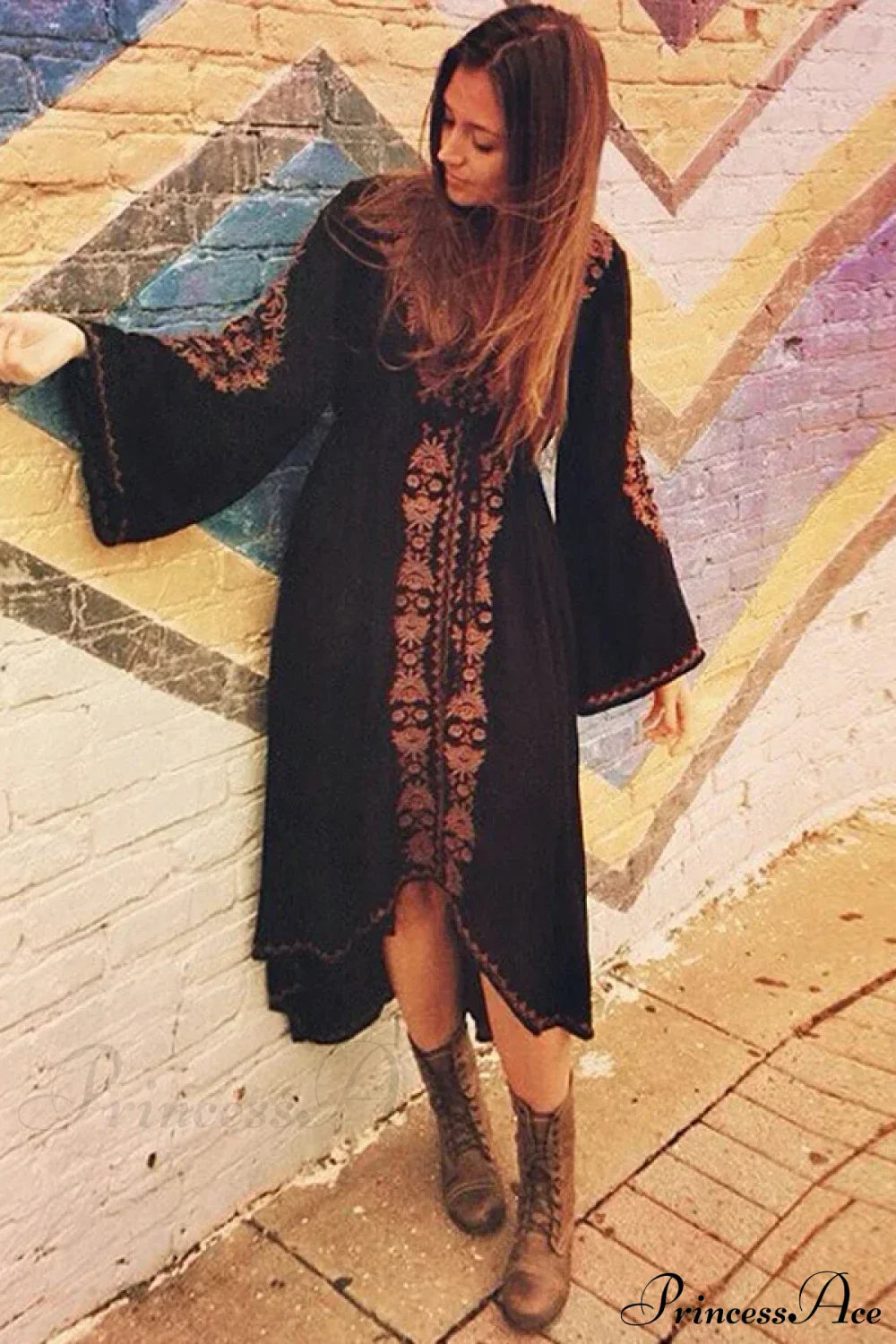 Long Sleeve Vintage Floral Embroidered Cotton Tunic Dress Army green / S bohodress-250126