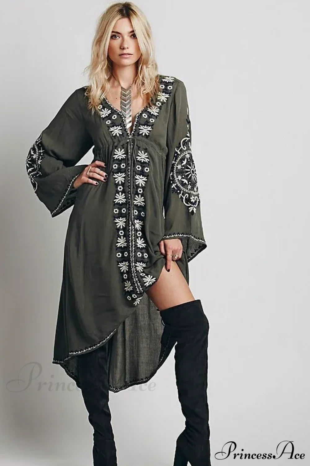 Long Sleeve Vintage Floral Embroidered Cotton Tunic Dress Black / S bohodress-250126