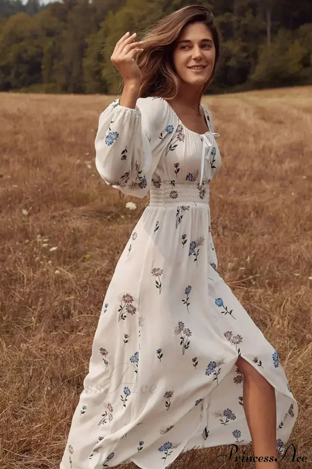 Long-sleeved Stretch Waist Split White Boho Dress