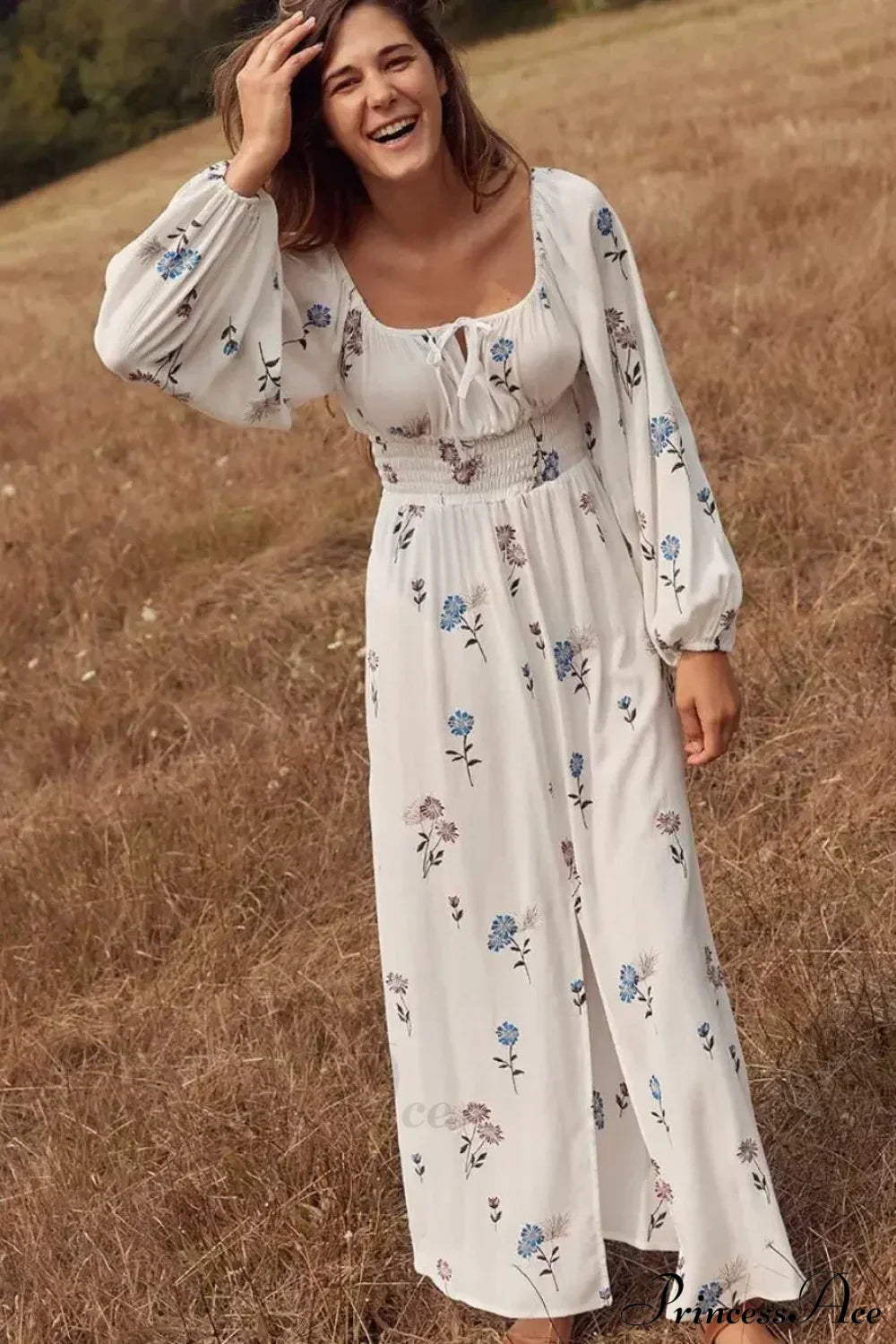Long-sleeved Stretch Waist Split White Boho Dress WHITE / S bohodress-250126