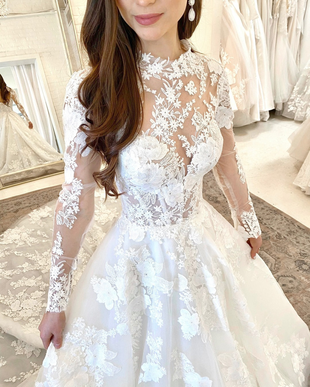 Long Sleeves Appliques Wedding Dress High Neck - Fashionpara