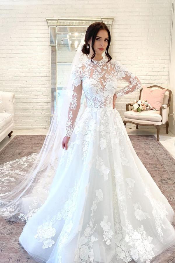 Long Sleeves Appliques Wedding Dress High Neck - Fashionpara