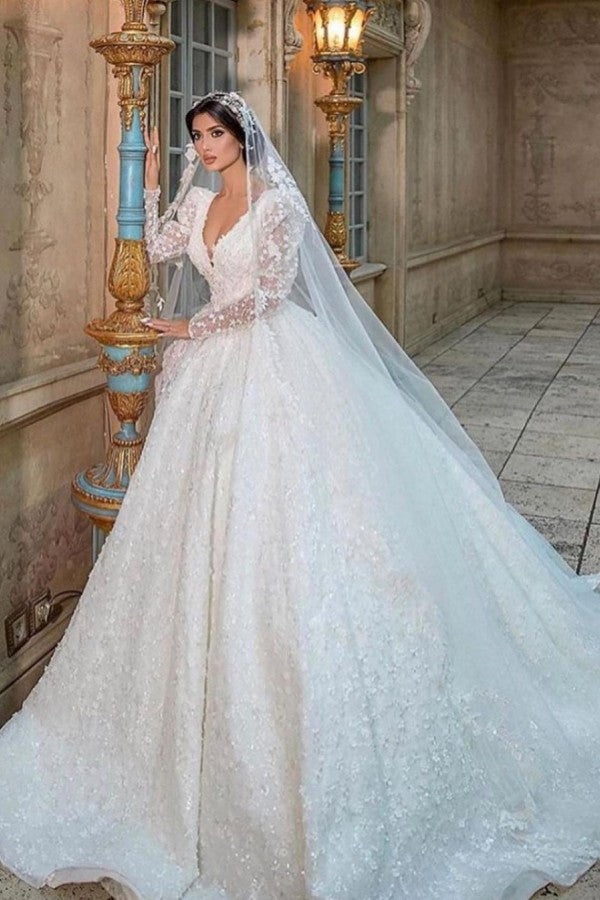 Long Sleeves Ball Gown Wedding Dress Appliques V-Neck Bridal Gown - Fashionpara