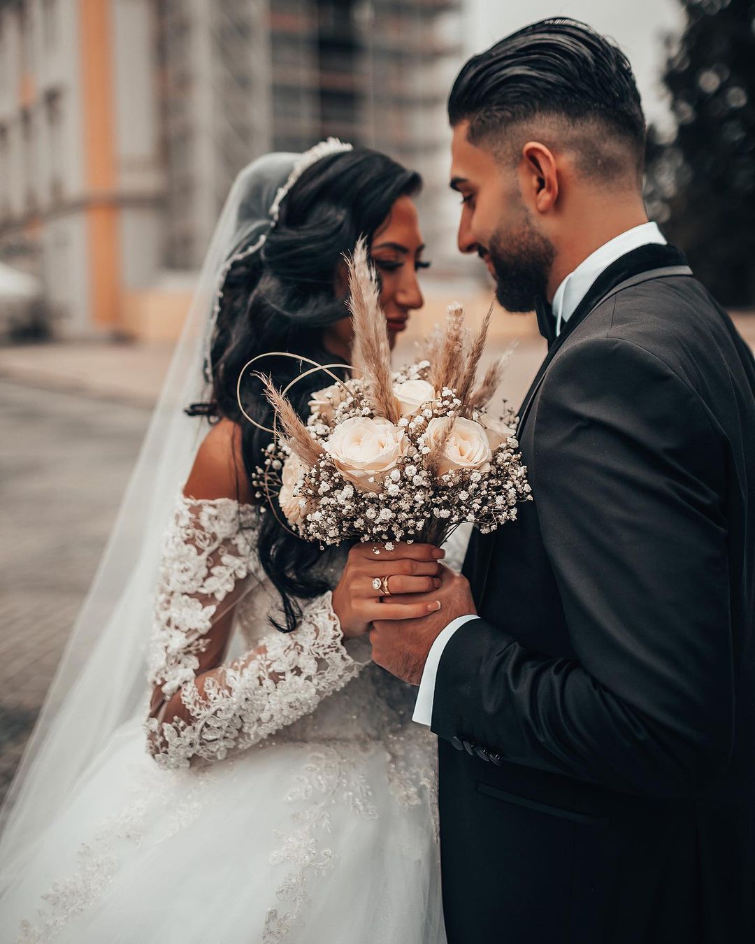 Long Sleeves Ball Gown Wedding Dress Off-the-Shoulder With Appliques - Fashionpara
