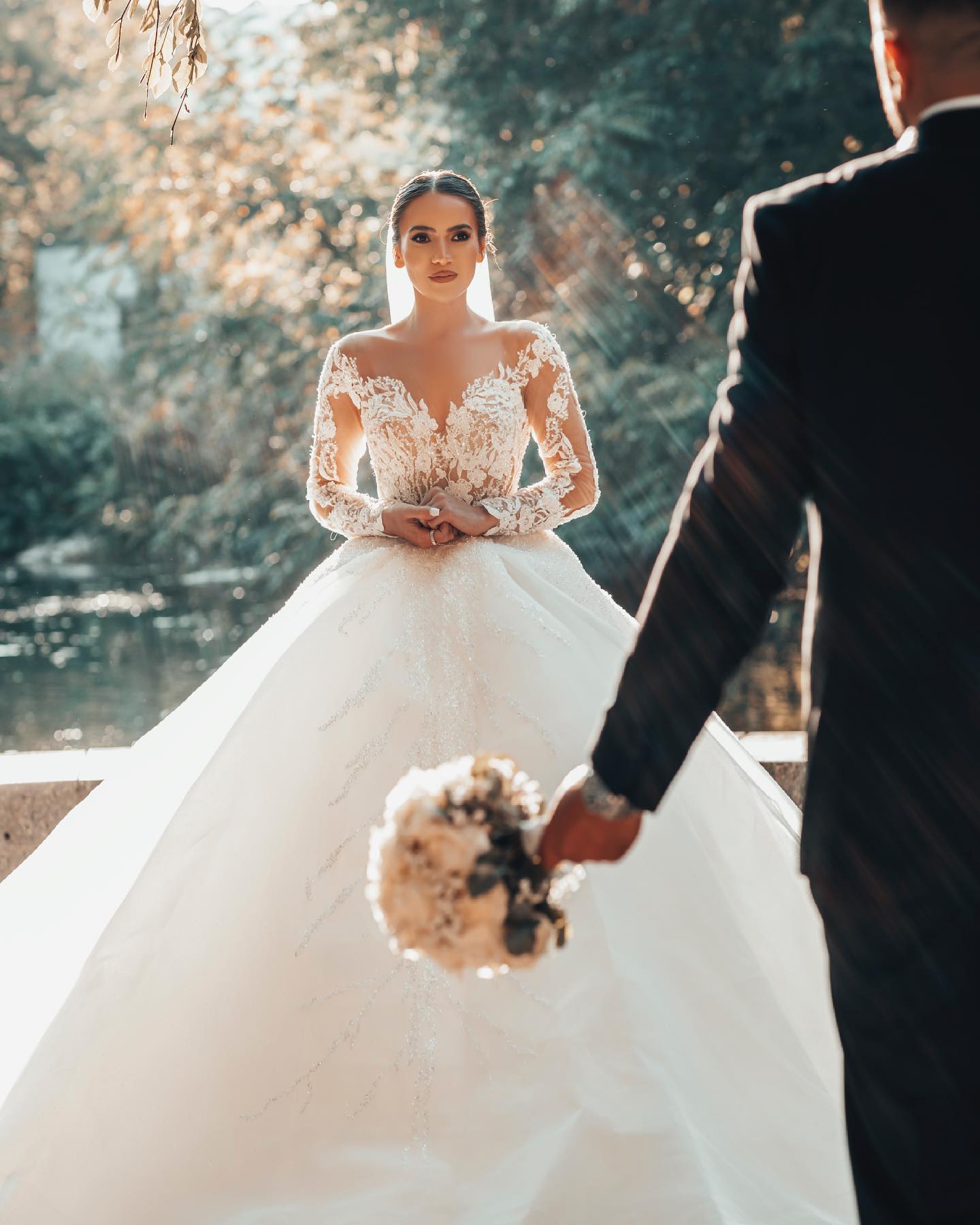 Long Sleeves Ball Gown Wedding Dress V-Neck Tulle With Lace Beads - Fashionpara