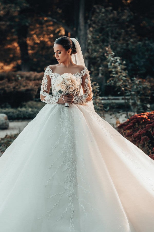 Long Sleeves Ball Gown Wedding Dress V-Neck Tulle With Lace Beads - Fashionpara