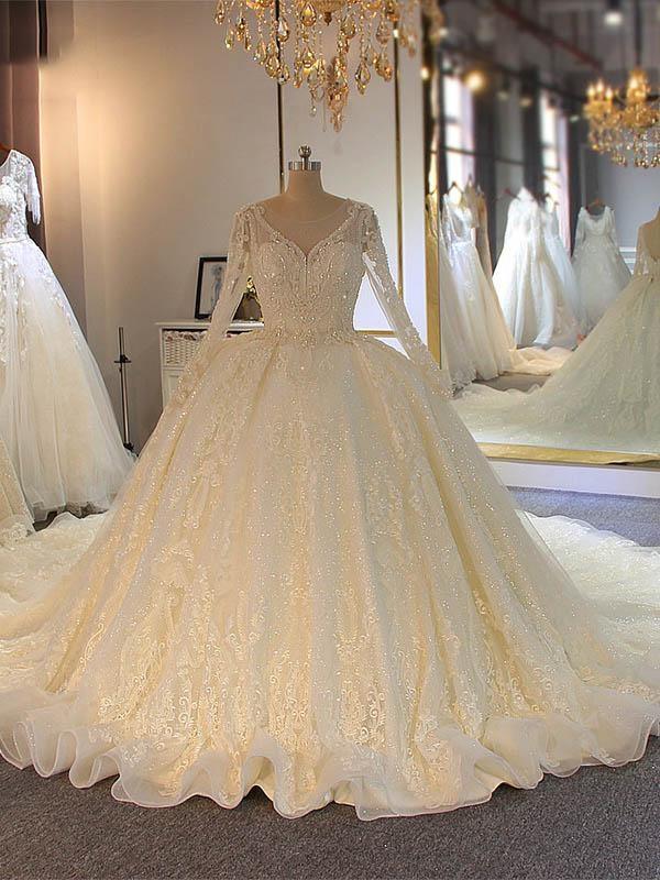 Long Sleeves Ball Gown Wedding Dress With Lace Appliques - Fashionpara