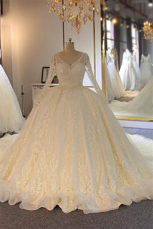 Long Sleeves Ball Gown Wedding Dress With Lace Appliques - Fashionpara
