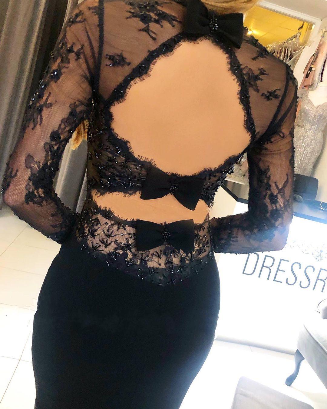 Long Sleeves Black Mermaid Prom Dress Long With Lace - Fashionpara