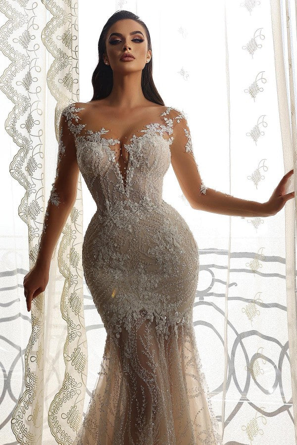 Long Sleeves Bridal Gown Mermaid With Delicate Lace - Fashionpara