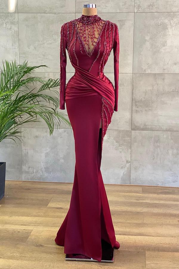 Long Sleeves Burgundy Mermaid Prom Dress With Beadings - Fashionpara