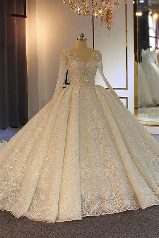 Long Sleeves Delicate Lace Wedding Dress Ball Gown - Fashionpara