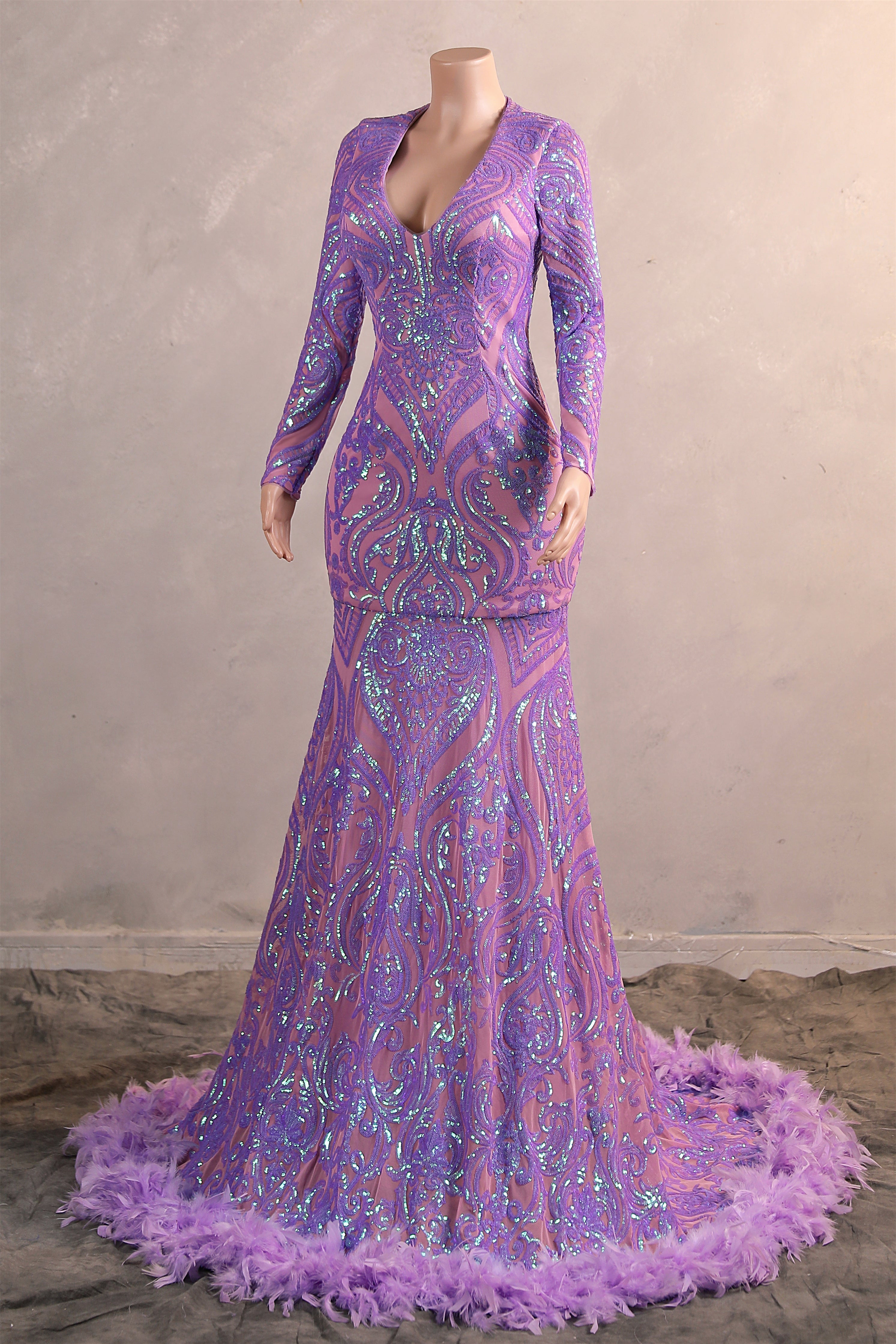 Long sleeves Feather Lilac Sequin Sparkle Mermaid Prom Dresses