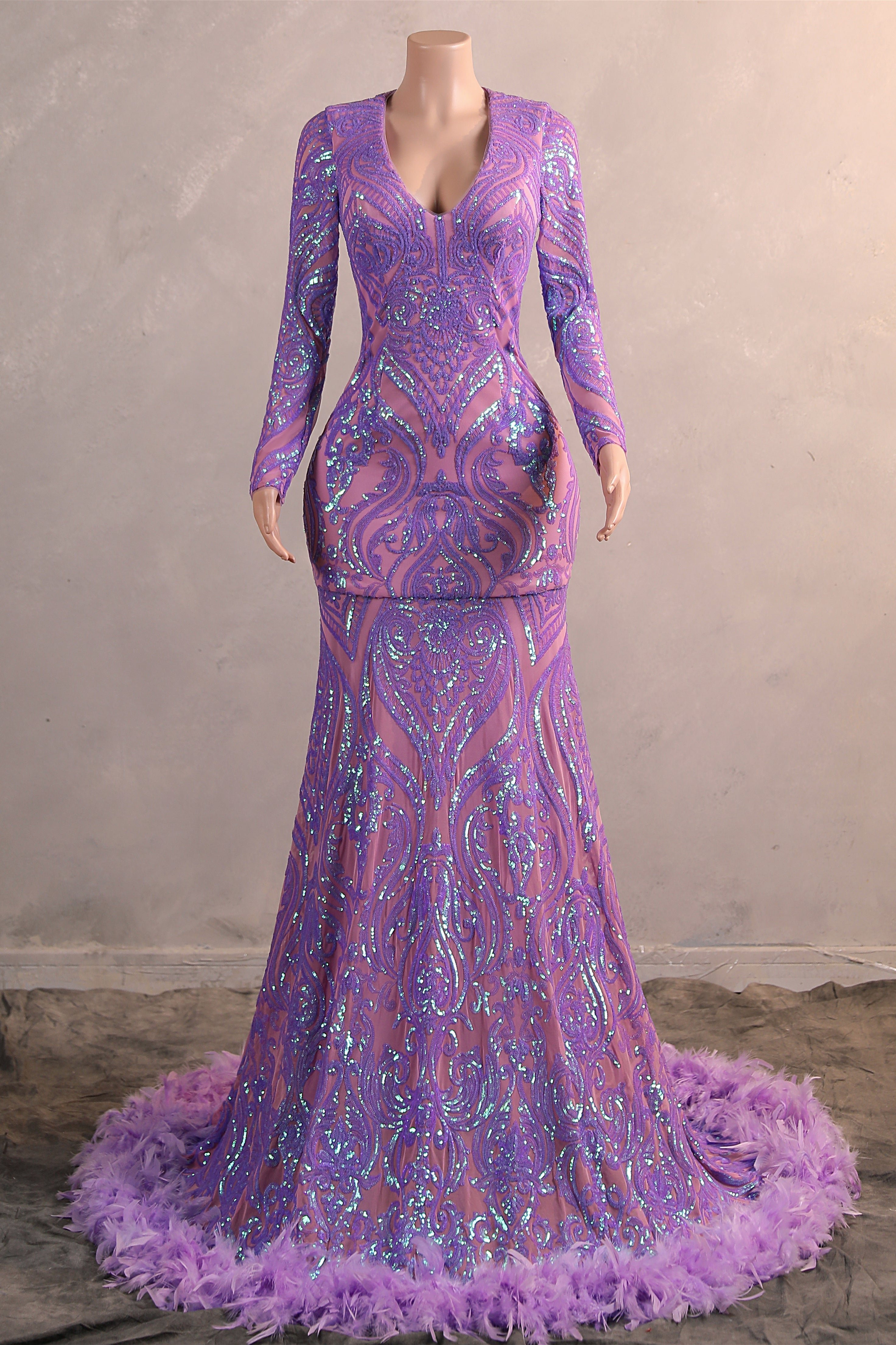 Long sleeves Feather Lilac Sequin Sparkle Mermaid Prom Dresses