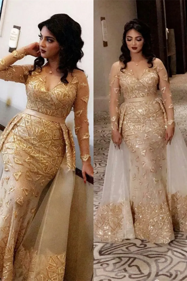 Long Sleeves Gold Appliques Evening Dress Mermaid Overskirt - Fashionpara