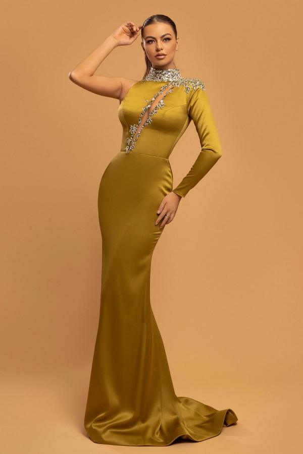 Long Sleeves High Neck Evening Dress Mermaid One Shoulder With Crystal - Fashionpara