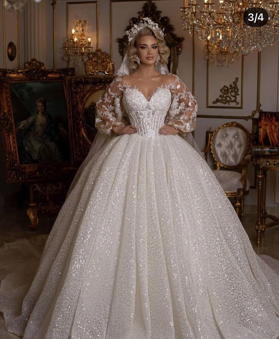 Long Sleeves Lace Ball Gown Wedding Dress Bubble Sleeves - Fashionpara