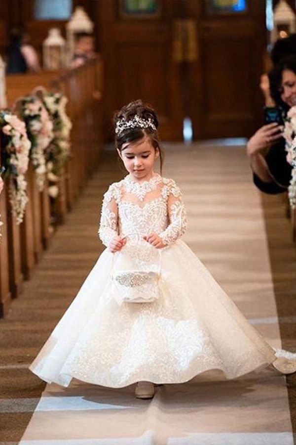 Long Sleeves Lace Flower Girl Dress - Fashionpara