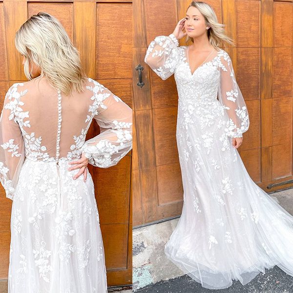 Long Sleeves Lace Wedding Dress A-Line V-Neck - Fashionpara