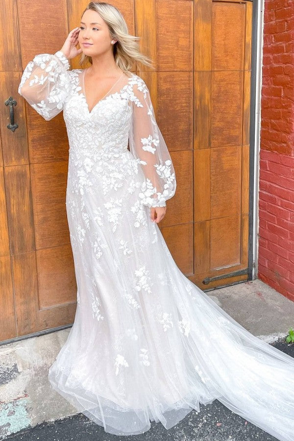 Long Sleeves Lace Wedding Dress A-Line V-Neck - Fashionpara