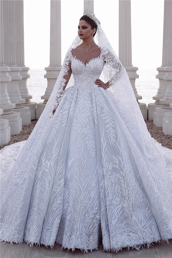 Long Sleeves Lace Wedding Dress Ball Gown - Fashionpara