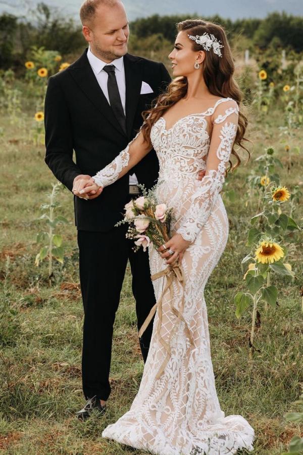 Long Sleeves Lace Wedding Dress Mermaid Boho Bridal Gowns - Fashionpara