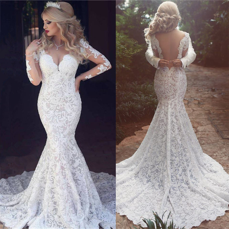 Long Sleeves Lace Wedding Dress Mermaid Bridla Gowns - Fashionpara