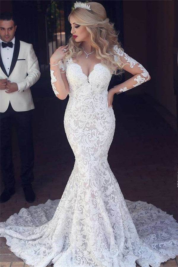 Long Sleeves Lace Wedding Dress Mermaid Bridla Gowns - Fashionpara
