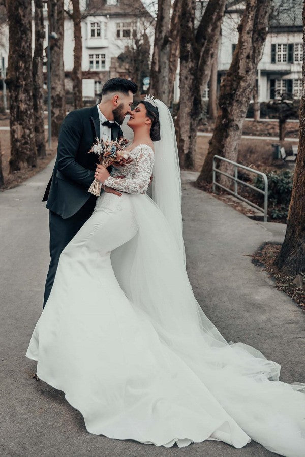 Long Sleeves Lace Wedding Dress Mermaid Off-the-Shoulder - Fashionpara