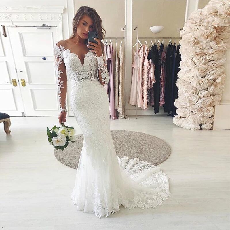 Long Sleeves Lace Wedding Dress Mermaid V-Neck - Fashionpara