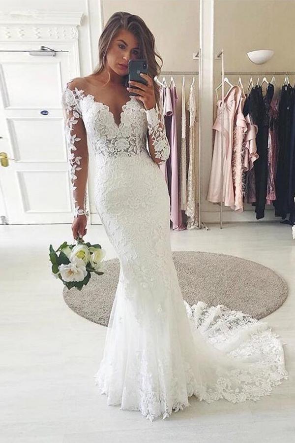 Long Sleeves Lace Wedding Dress Mermaid V-Neck - Fashionpara