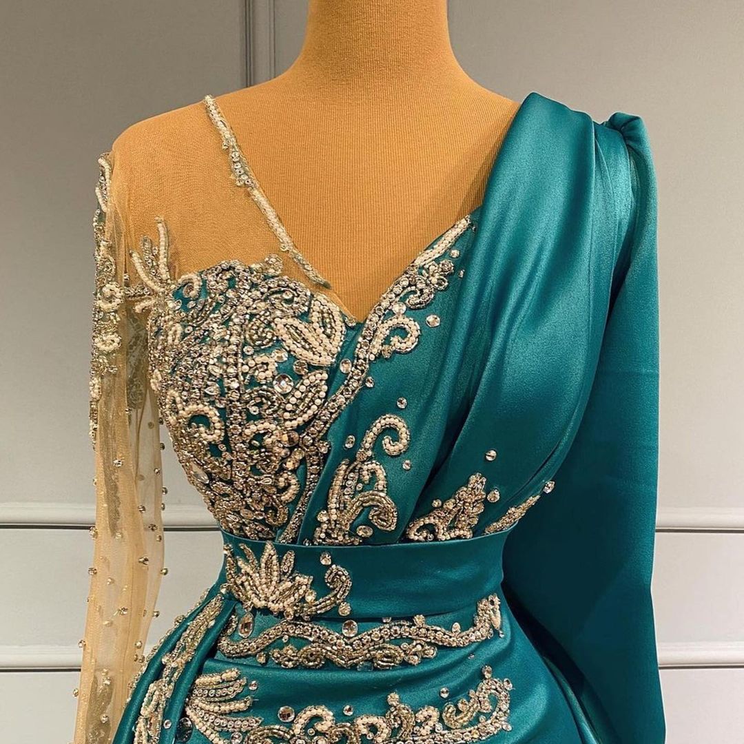 Long Sleeves Mermaid Evening Dress Ruffles With Appliques Beadings - Fashionpara