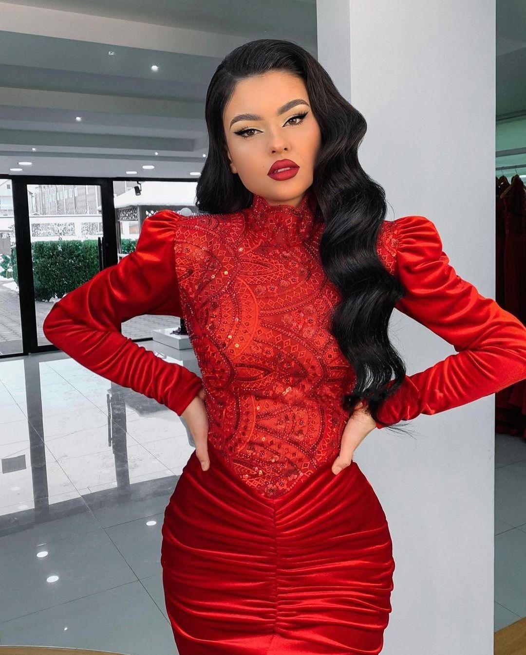 Long Sleeves Mermaid Evening Dress Split With Beadings - Fashionpara