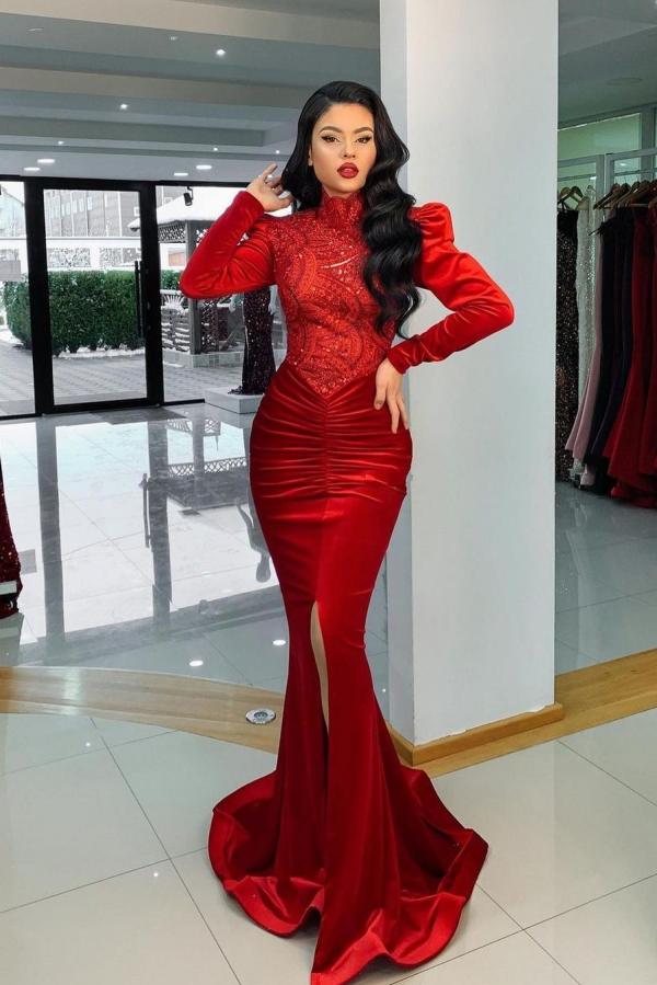 Long Sleeves Mermaid Evening Dress Split With Beadings - Fashionpara