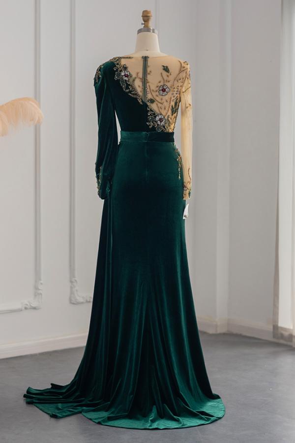 Long Sleeves Mermaid Evening Dresses Dark Green With Crystals - Fashionpara