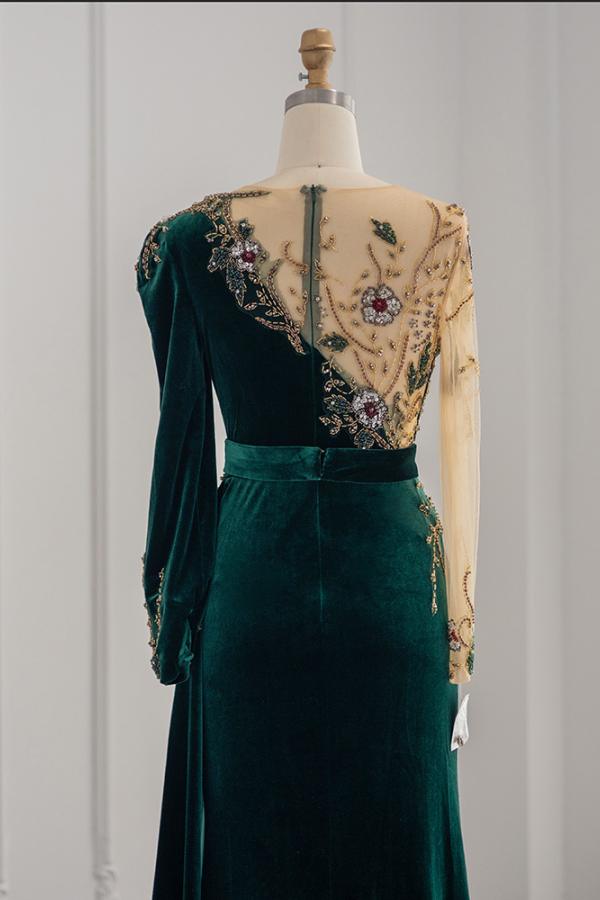 Long Sleeves Mermaid Evening Dresses Dark Green With Crystals - Fashionpara