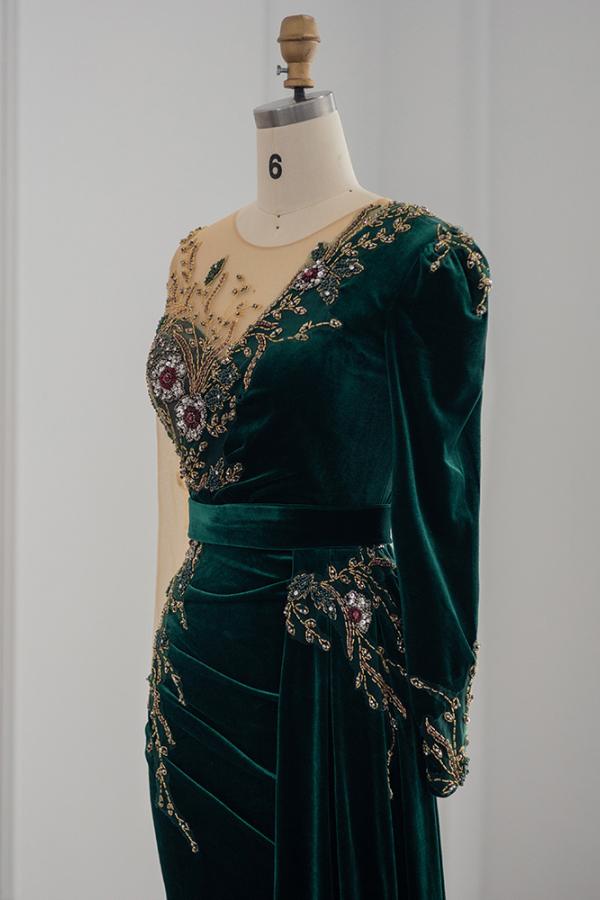 Long Sleeves Mermaid Evening Dresses Dark Green With Crystals - Fashionpara