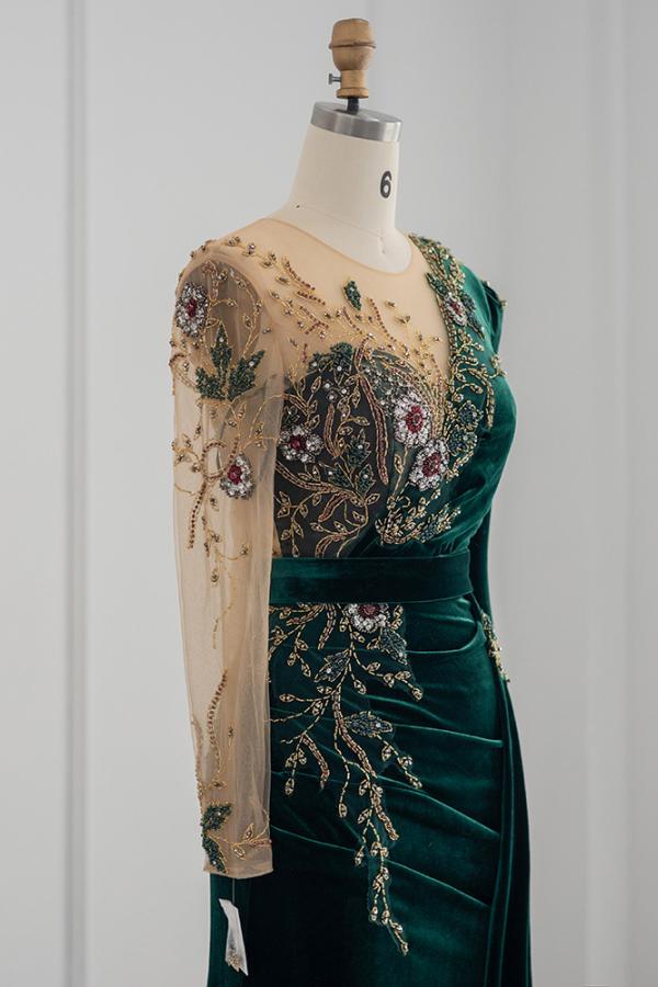 Long Sleeves Mermaid Evening Dresses Dark Green With Crystals - Fashionpara