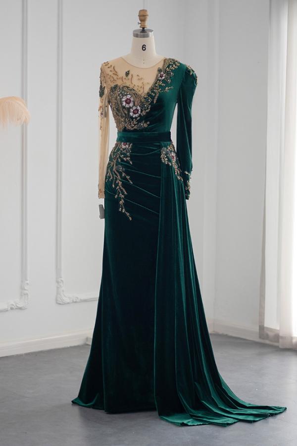 Long Sleeves Mermaid Evening Dresses Dark Green With Crystals - Fashionpara